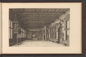 Ein aufgeschlagenes Buch mit einer Schwarz-Weiß-Zeichnung eines Raums mit Skulpturen, Fenstern und einer Decke.