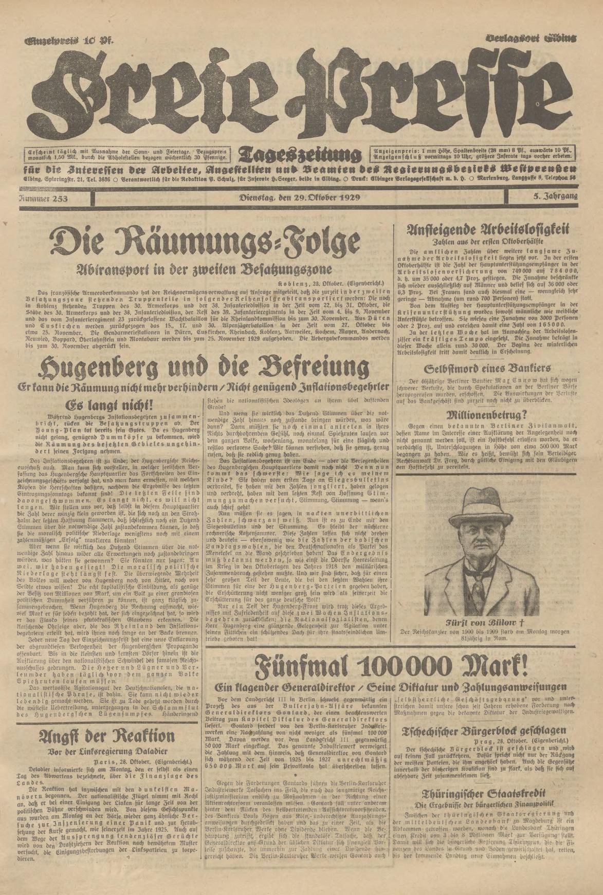 Alte deutsche Zeitung vom 29. September 1929 mit der Schlagzeile "Sugenberg und die Defreiung", die ein Schwarz-Weiß-Foto eines Mannes in Anzug und Hut mit ernstem Gesichtsausdruck zeigt.