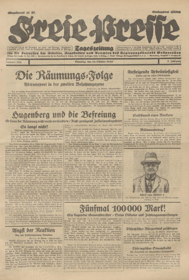 Alte deutsche Zeitung vom 29. September 1929 mit der Schlagzeile "Sugenberg und die Defreiung", die ein Schwarz-Weiß-Foto eines Mannes in Anzug und Hut mit ernstem Gesichtsausdruck zeigt.