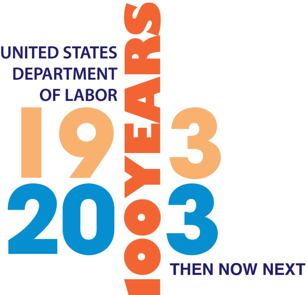 Das Logo des United States Department of Labor mit einem blauen Kreis, einem weißen Stern, einem weißen Rand und der schwarzen Schrift '1933 then now next' darunter.