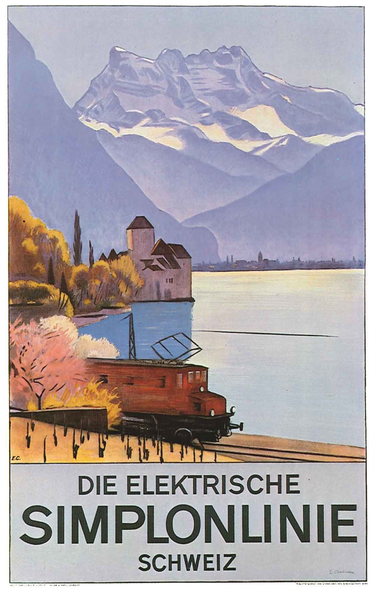 Plakatwerbung für die Schweizer Bahnen mit einem Zug auf den Schienen in der Nähe eines Sees, umgeben von Bäumen, einem Gebäude und Bergen im Hintergrund.
