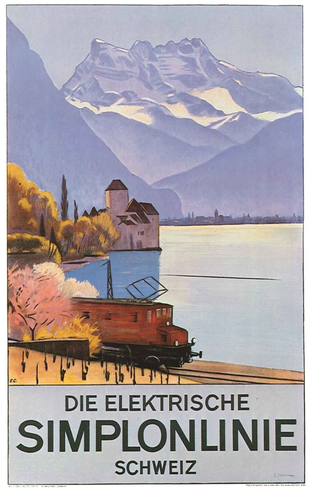 Plakatwerbung für die Schweizer Bahnen mit einem Zug auf den Schienen in der Nähe eines Sees, umgeben von Bäumen, einem Gebäude und Bergen im Hintergrund.