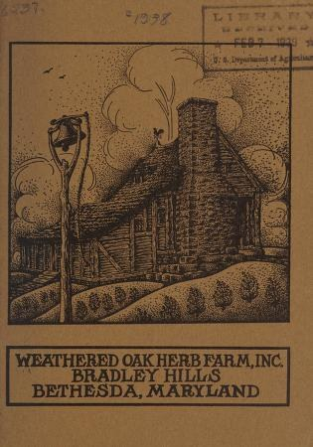 Alter Buchumschlag mit der Aufschrift "Weathered Oak Herb Farm, Inc." und einer Illustration eines verwitterten Eichenkrautfarms in Bradley Hills, Bethesda, Maryland, umgeben von grünem Gras und Vögeln am Himmel.
