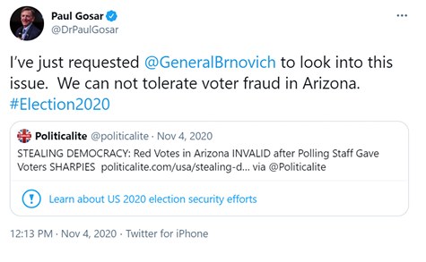 Screenshot des Twitter-Profils von Paul Gosar mit einem Profilfoto und dem Text "Wir können Wahlbetrug in Arizona nicht dulden."