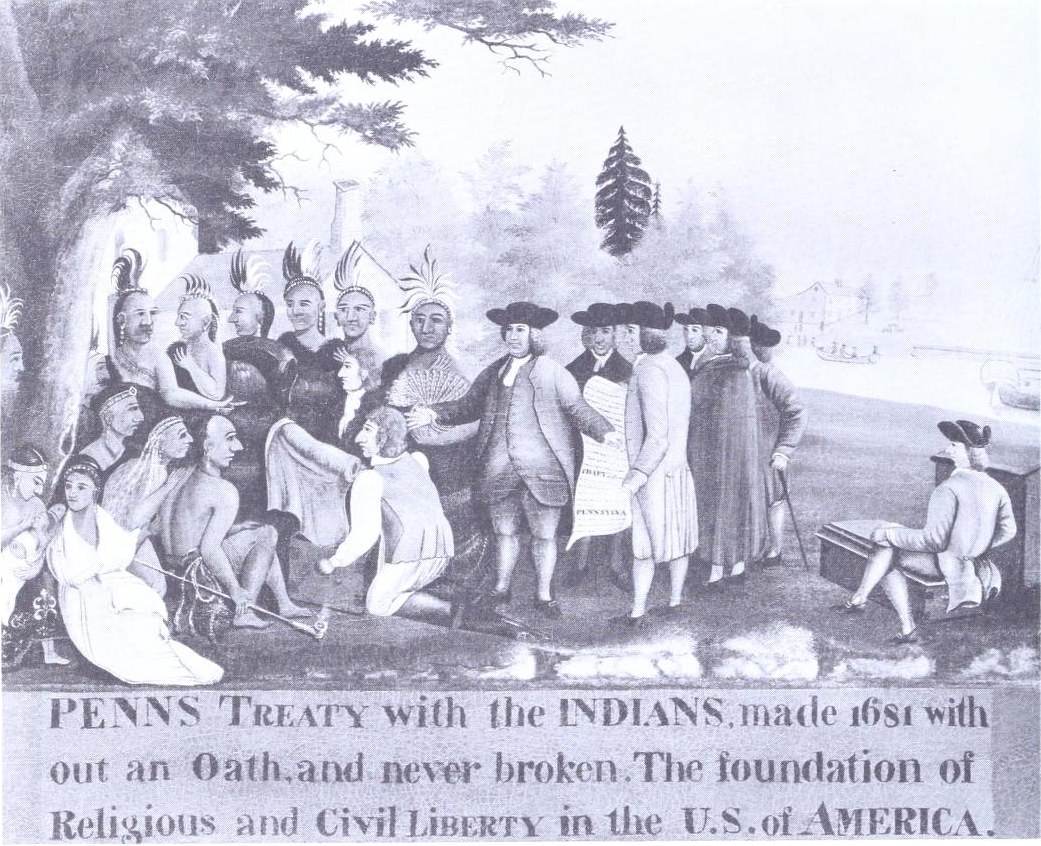 Plakat mit der Aufschrift "Penn Treaty mit den Indianern" zeigt eine Gruppe von Menschen vor Bäumen und Himmel mit Text unten über den 1681 geschlossenen Vertrag.