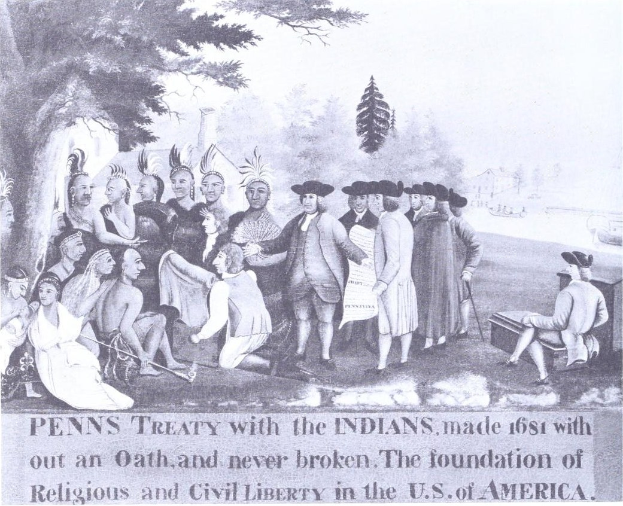 Plakat mit der Aufschrift "Penn Treaty mit den Indianern" zeigt eine Gruppe von Menschen vor Bäumen und Himmel mit Text unten über den 1681 geschlossenen Vertrag.