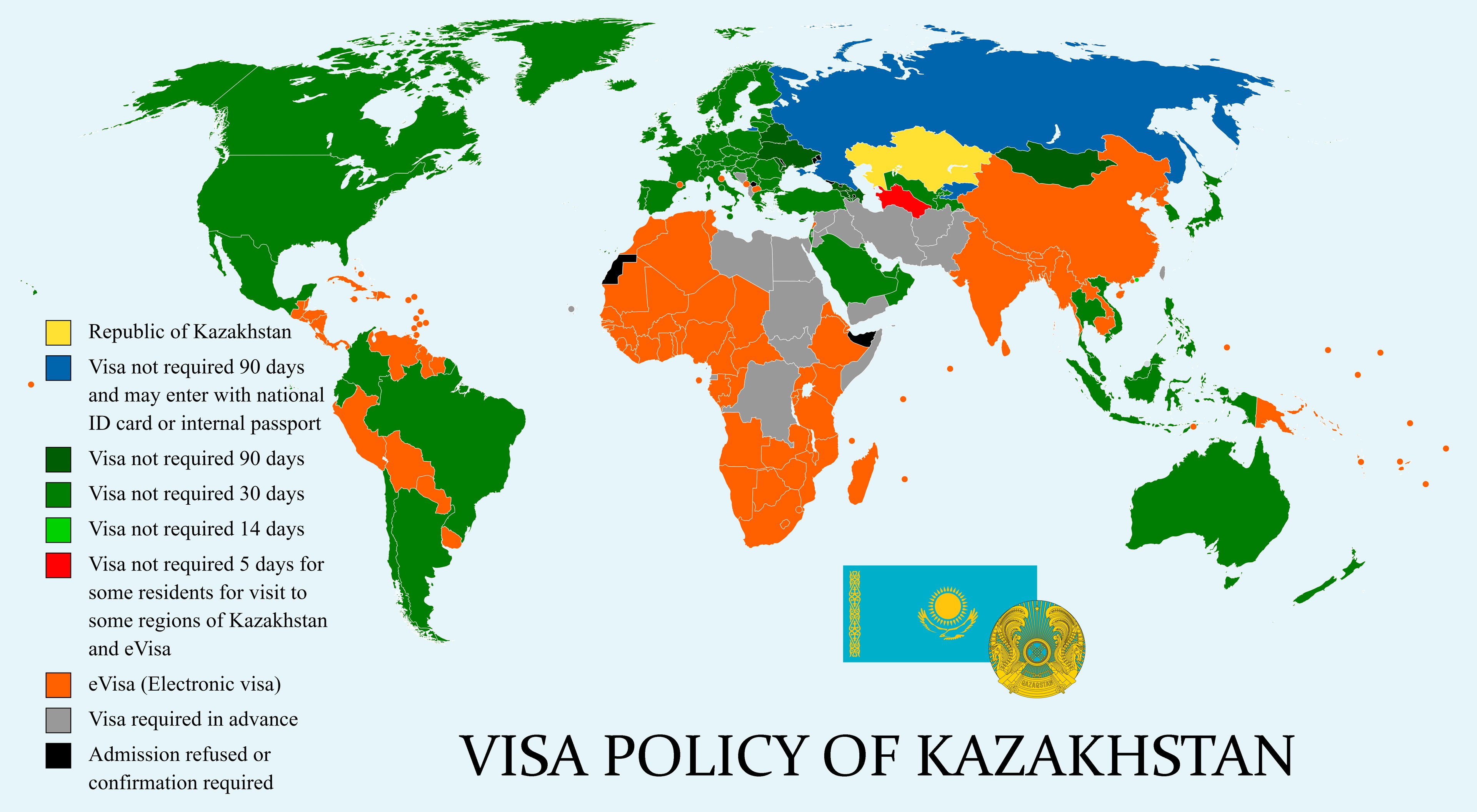 Eine Weltkarte mit Farben, die die Visapolitik von Kasachstan anzeigen, mit der Beschriftung "Visapolitik von Kasachstan" unten.