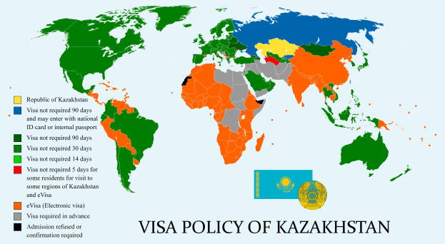 Eine Weltkarte mit Farben, die die Visapolitik von Kasachstan anzeigen, mit der Beschriftung "Visapolitik von Kasachstan" unten.