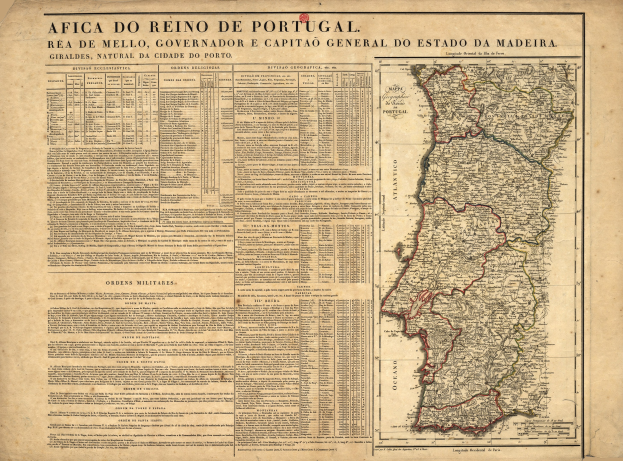 Eine alte Karte Portugals mit hervorgehobenen Provinzen, versehen mit handgeschriebener Text auf dem Papier.