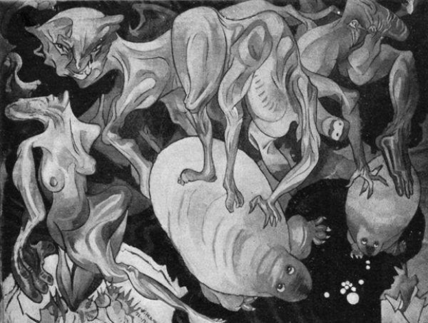 Schwarzes und weißes Bild aus dem Jahr 1938 von ARTIST, das eine Gruppe von Tieren - darunter ein Löwe, eine Giraffe, ein Zebra und ein Flusspferd - in einem dunklen, mysteriösen Raum zeigt, mit einprägsamen, rätselhaften Text.