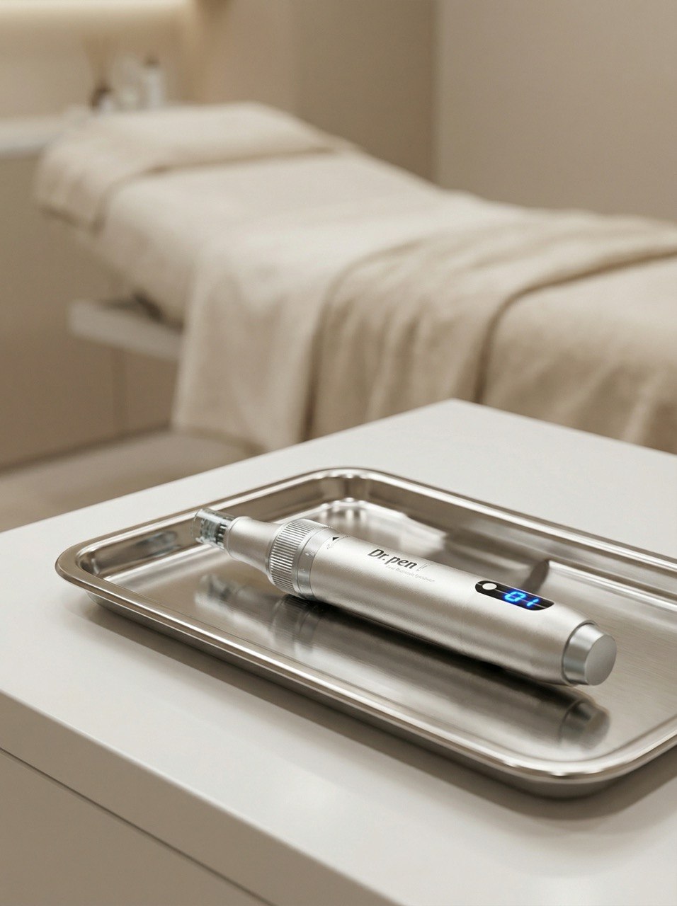 Professionelles Microneedling-Instrument auf einem hygienisch vorbereiteten Tablett in einem modernen Kosmetikstudio.
