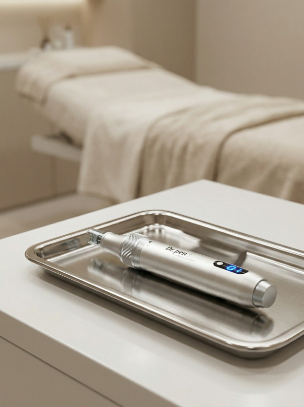 Professionelles Microneedling-Instrument auf einem hygienisch vorbereiteten Tablett in einem modernen Kosmetikstudio.