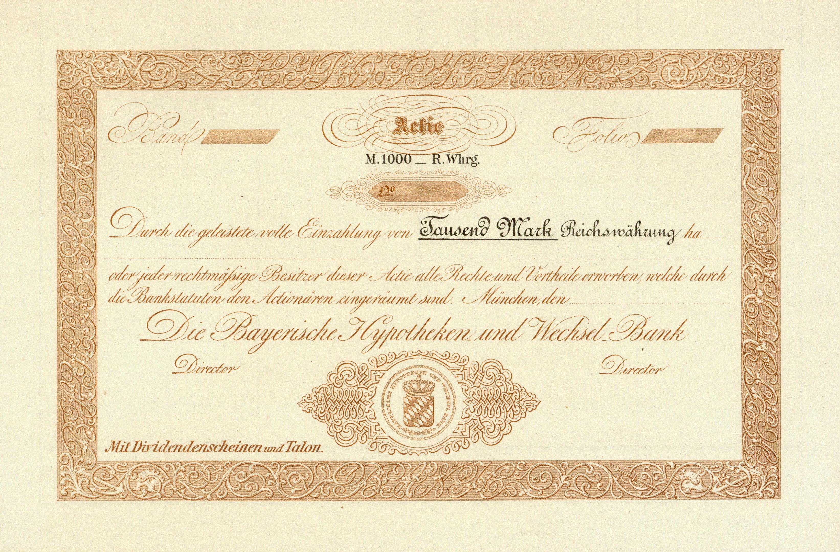 Alter Aktienchein mit goldenem Rand mit Porträt eines Mannes, Text und wahrscheinlich einer Bond-Bezeichnung.