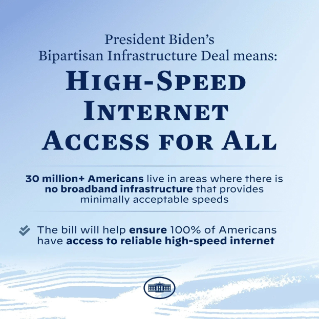 Plakat mit fettem schwarzem Text auf einem weißen Hintergrund, der "Präsident Bidens bipartisaner Infrastrukturdeal bedeutet High-Speed-Internetzugang für alle" zeigt, zentriert auf dem Plakat.
