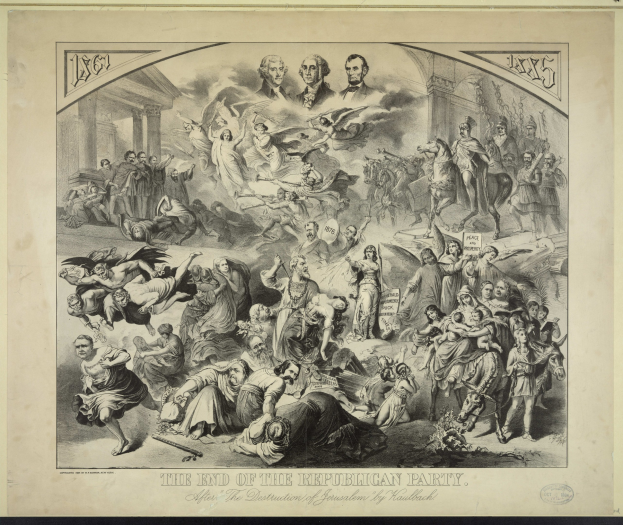 Plakat zeigt eine Gruppe von Menschen im Vordergrund mit einem Gebäude im Hintergrund, betitelt 'Das Ende der Republikanischen Partei' in fetter schwarzer Schrift unten.