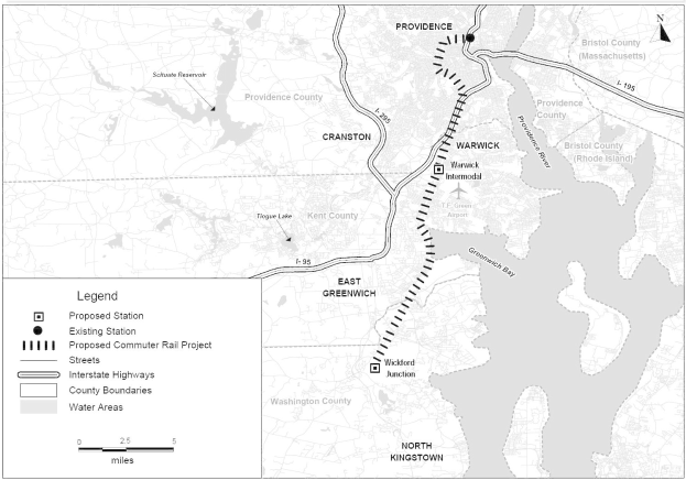 Schwarze und weiße Karte einer Stadt mit einem Fluss, beschriftet mit 'Proposed Commuter Rail Project', zeigt Straßen, Highways und städtische Merkmale.