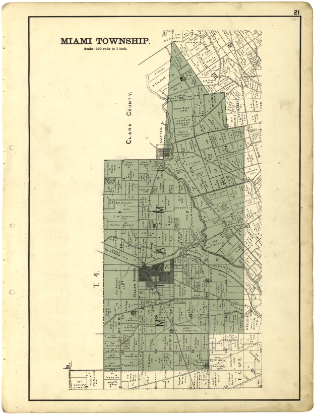 Vogelperspektive eines alten detaillierten Stadtplans von Miami, Florida, mit Text oben und unten, der Straßen, Gebäude und Sehenswürdigkeiten zeigt.