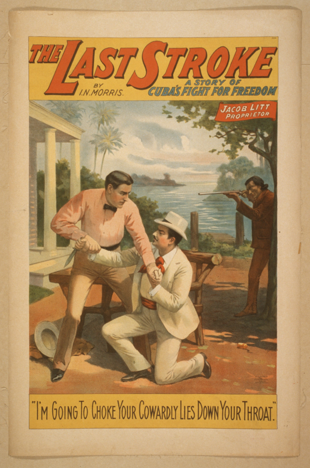 Ein Plakat an einer Wand, das zwei Personen zeigt, von denen eine eine Waffe hält, mit Bäumen, Wasser und Himmel im Hintergrund, betitelt mit "Der letzte Schlag: Eine Geschichte von Kubas Kampf um Freiheit".