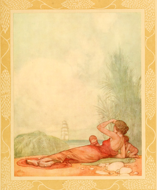 Gemälde einer Frau, die auf einem Strand liegt und ein Baby in den Armen hält, vor einer Kulisse aus dichter Vegetation, sanften Hügeln und einem strahlend blauen Himmel, in einem klassischen Photo-Rahmen.