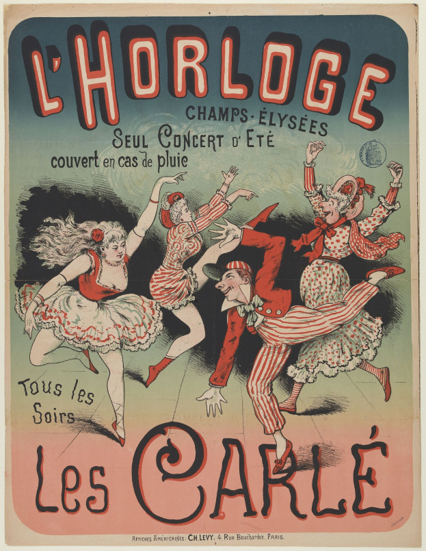 Ein farbenfrohes Konzertplakat für ein Event im Chorlage in Paris, das eine Gruppe von Menschen in bunten Kostümen mit strahlenden Gesichtern zeigt, umgeben von fetter Schrift auf einem gelben Hintergrund.