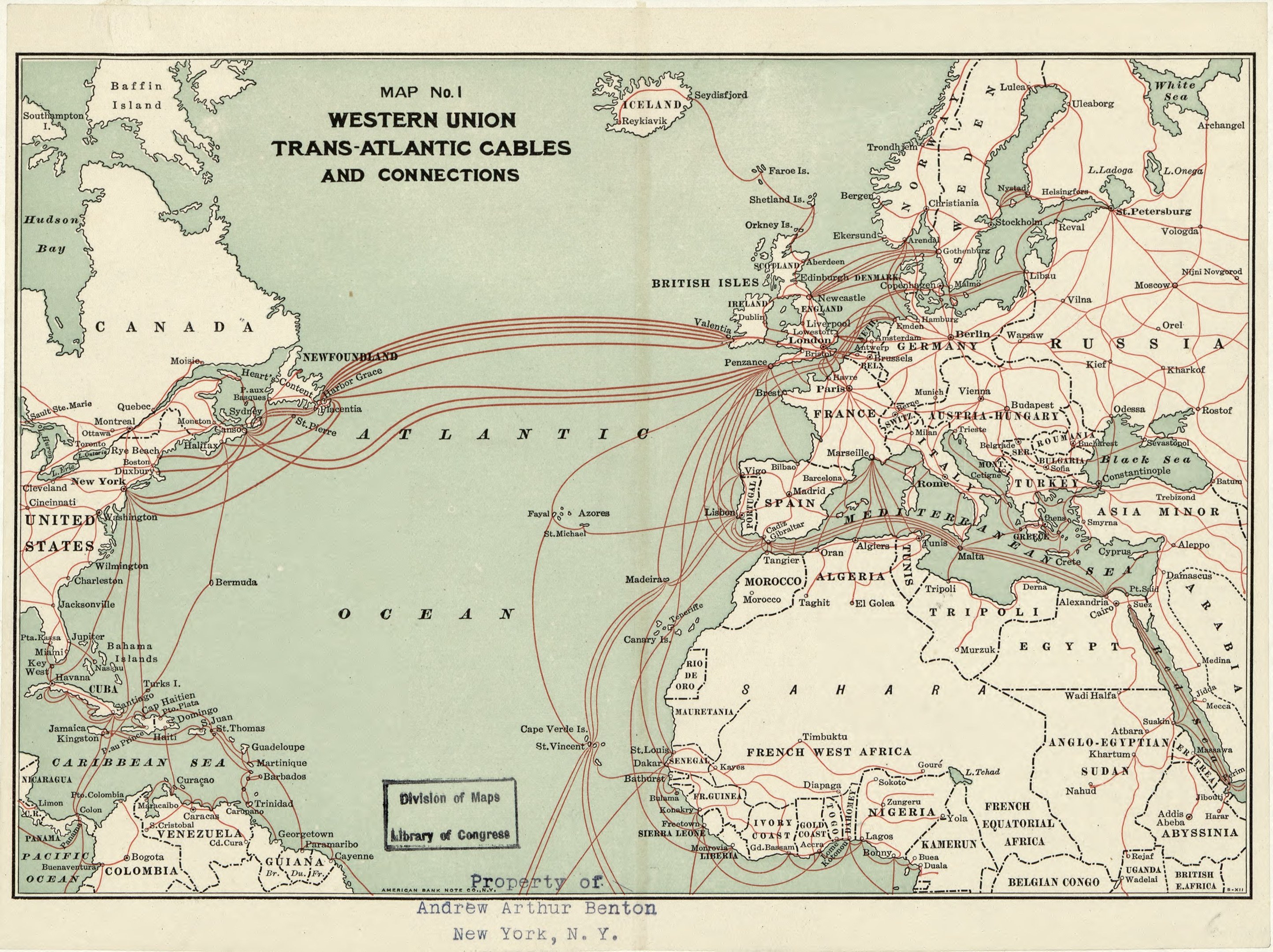 Ein detaillierter Plan der Western Union Transatlantischen Kabel und Verbindungen, der komplexe Linien und wichtige Punkte zwischen Ländern mit fetter Textannotation hervorhebt.