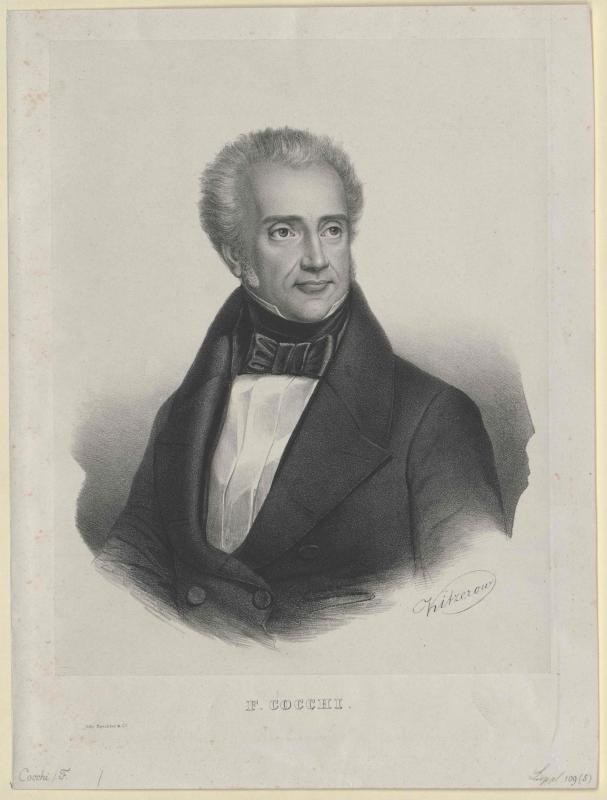 Schwarz-weiß-Porträt des Komponisten F. Cocchi in einem Smoking, mit der Aufschrift "Die Musik der Oper" unten.