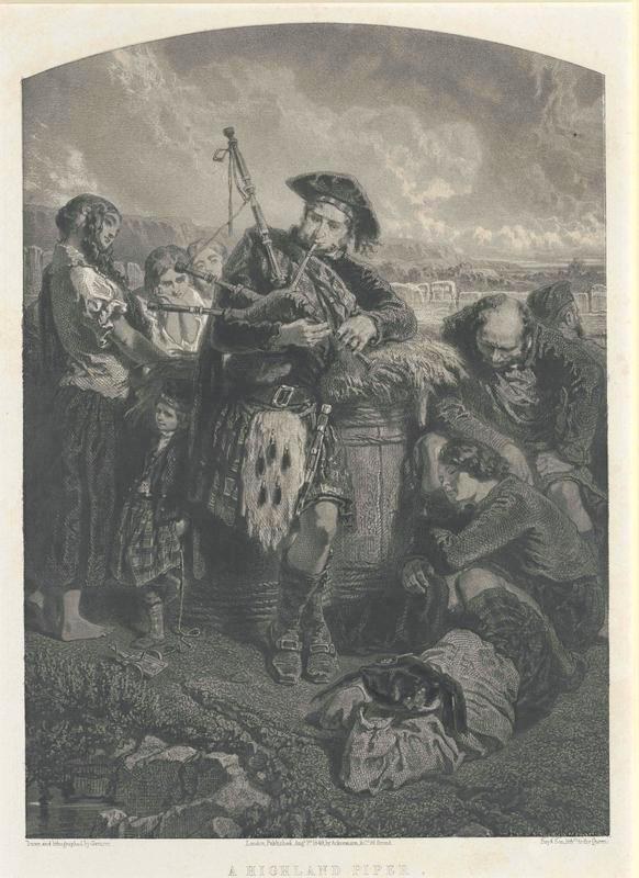 Schwarze und weiße Gravur eines Mannes, der eine Dudelsack vor einer Gruppe von Menschen spielt, mit einem bewölkten Himmel im Hintergrund und der Inschrift "Ein Highland-Pfeife" unten.