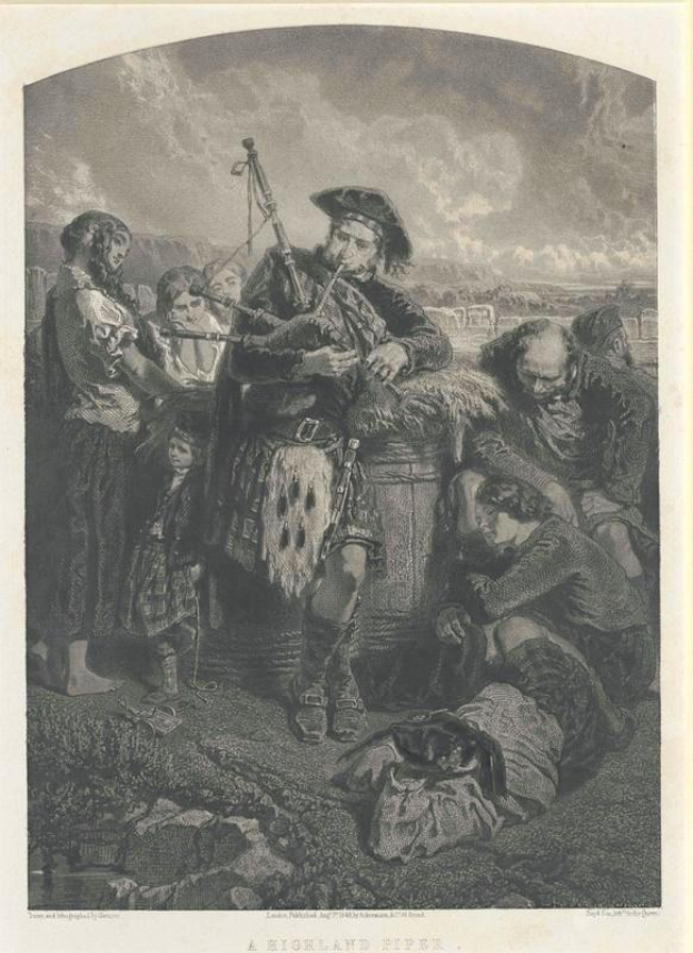 Schwarze und weiße Gravur eines Mannes, der eine Dudelsack vor einer Gruppe von Menschen spielt, mit einem bewölkten Himmel im Hintergrund und der Inschrift "Ein Highland-Pfeife" unten.