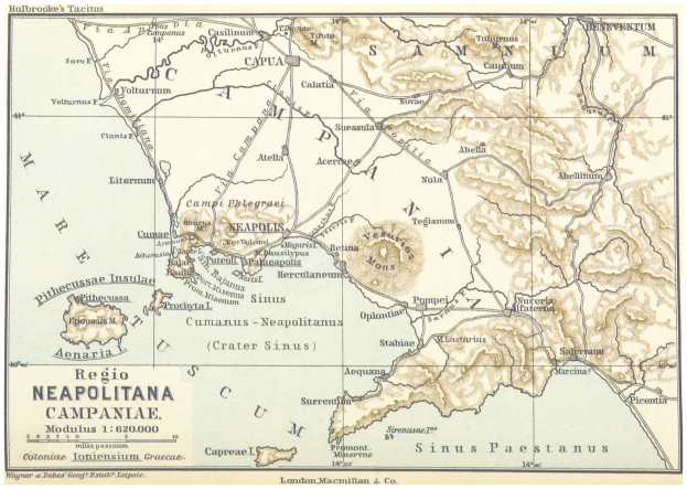 Detailierte Posterkarte der Neapolitana-Region, die geografische Merkmale und beschriftete Städte zeigt, mit zusätzlichem Textinformation.