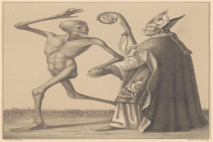 Ein Priester in Gewändern steht neben einem Skelett, das einen Stab hält, mit Gras darunter und dem Text "Der Tod des Papstes" unten.