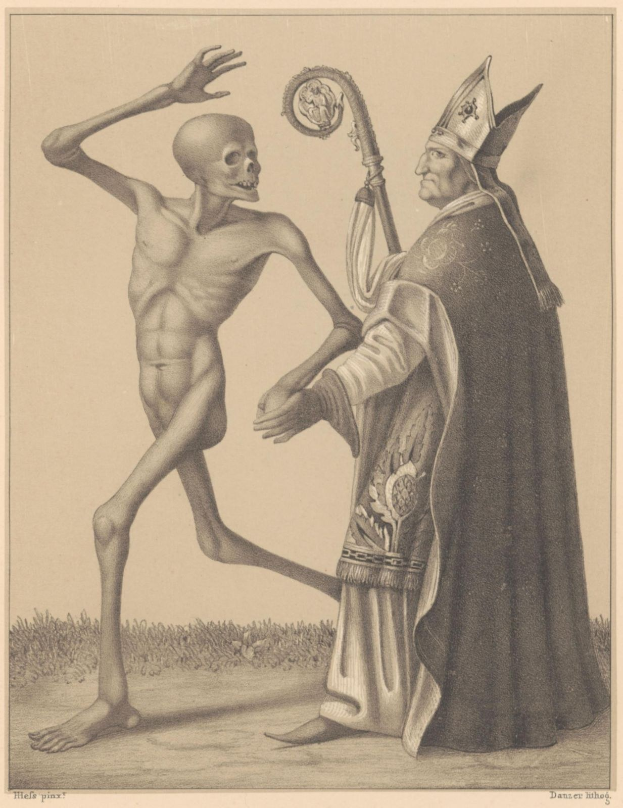 Ein Priester in Gewändern steht neben einem Skelett, das einen Stab hält, mit Gras darunter und dem Text "Der Tod des Papstes" unten.