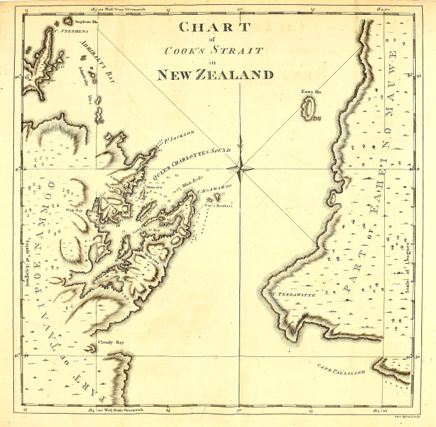 Ausführliche alte Karte von Cooks Strait, Neuseeland, mit Inseln, Gewässern und geografischen Informationen.