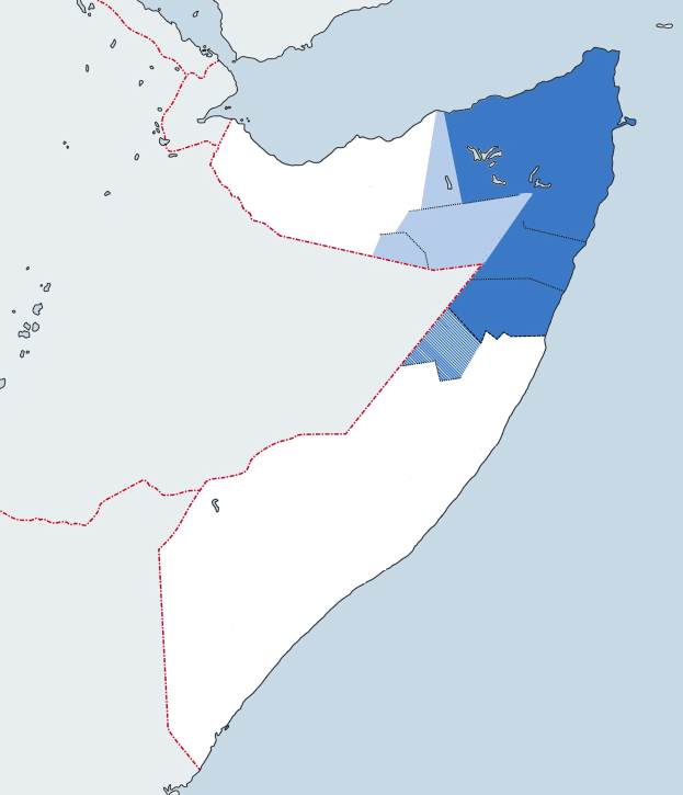 Eine Karte der Vereinigten Arabischen Emirate mit den Provinzen Kuwaits in Blau und Weiß hervorgehoben und der Golf von Oman entlang der östlichen Küste sichtbar.