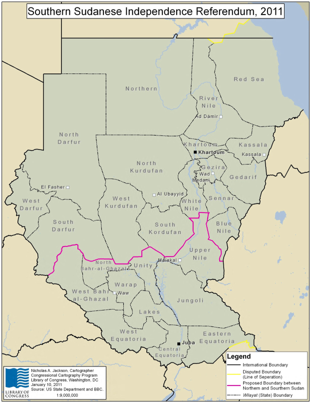 Plakat mit einer bunten Karte der Südsudanesischen Unabhängigkeitsabstimmung 2011, einschließlich Symbole und erklärenden Text.