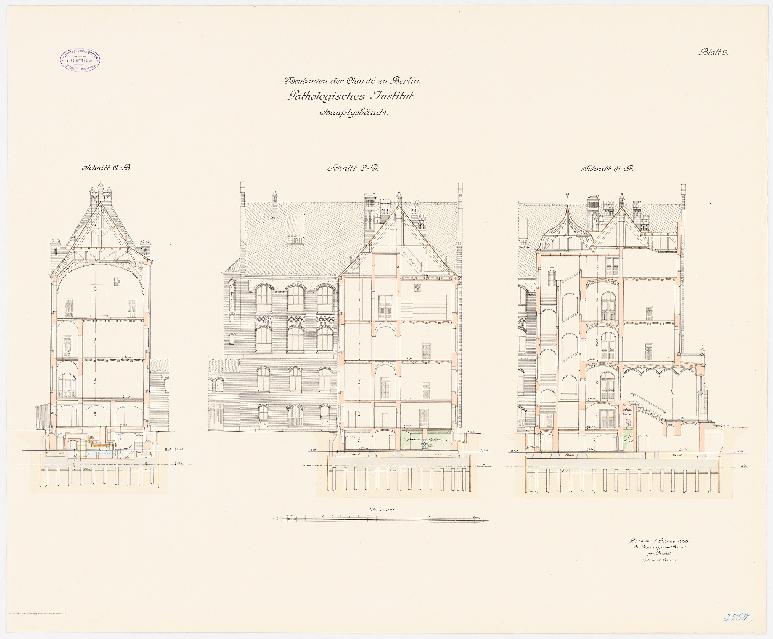 Architektonischer Plan der Charles II-Schule in Berlin, mit einem Gebäude mit zahlreichen Fenstern und detaillierten Anmerkungen.