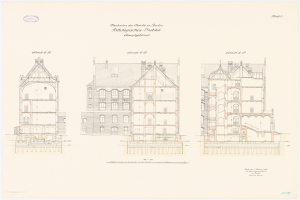 Architektonischer Plan der Charles II-Schule in Berlin, mit einem Gebäude mit zahlreichen Fenstern und detaillierten Anmerkungen.