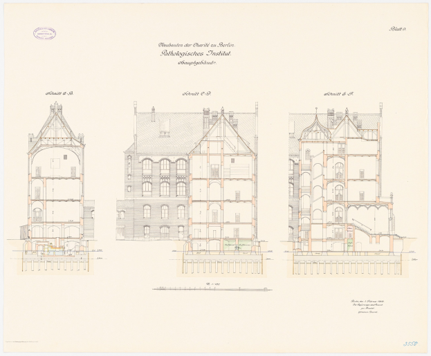 Architektonischer Plan der Charles II-Schule in Berlin, mit einem Gebäude mit zahlreichen Fenstern und detaillierten Anmerkungen.