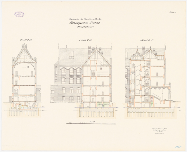 Architektonischer Plan der Charles II-Schule in Berlin, mit einem Gebäude mit zahlreichen Fenstern und detaillierten Anmerkungen.