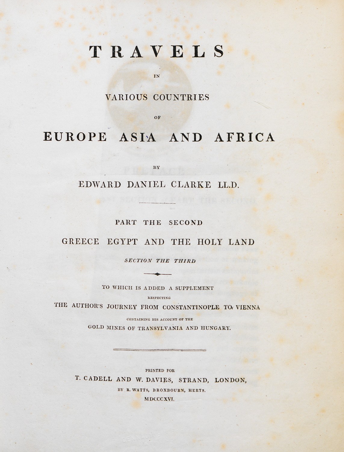 Altes Buch mit dem Titel "Reisen in verschiedenen Ländern Europas, Asiens und Afrikas" mit sichtbarem Text auf dem Cover.
