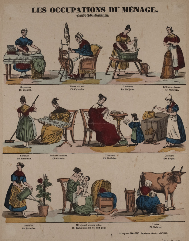 Ein Plakat aus dem 19. Jahrhundert, das genderisierte Berufe zeigt, mit sitzenden und stehenden Figuren, einer Kuh, einem Topf mit einer Pflanze und begleitendem Text.