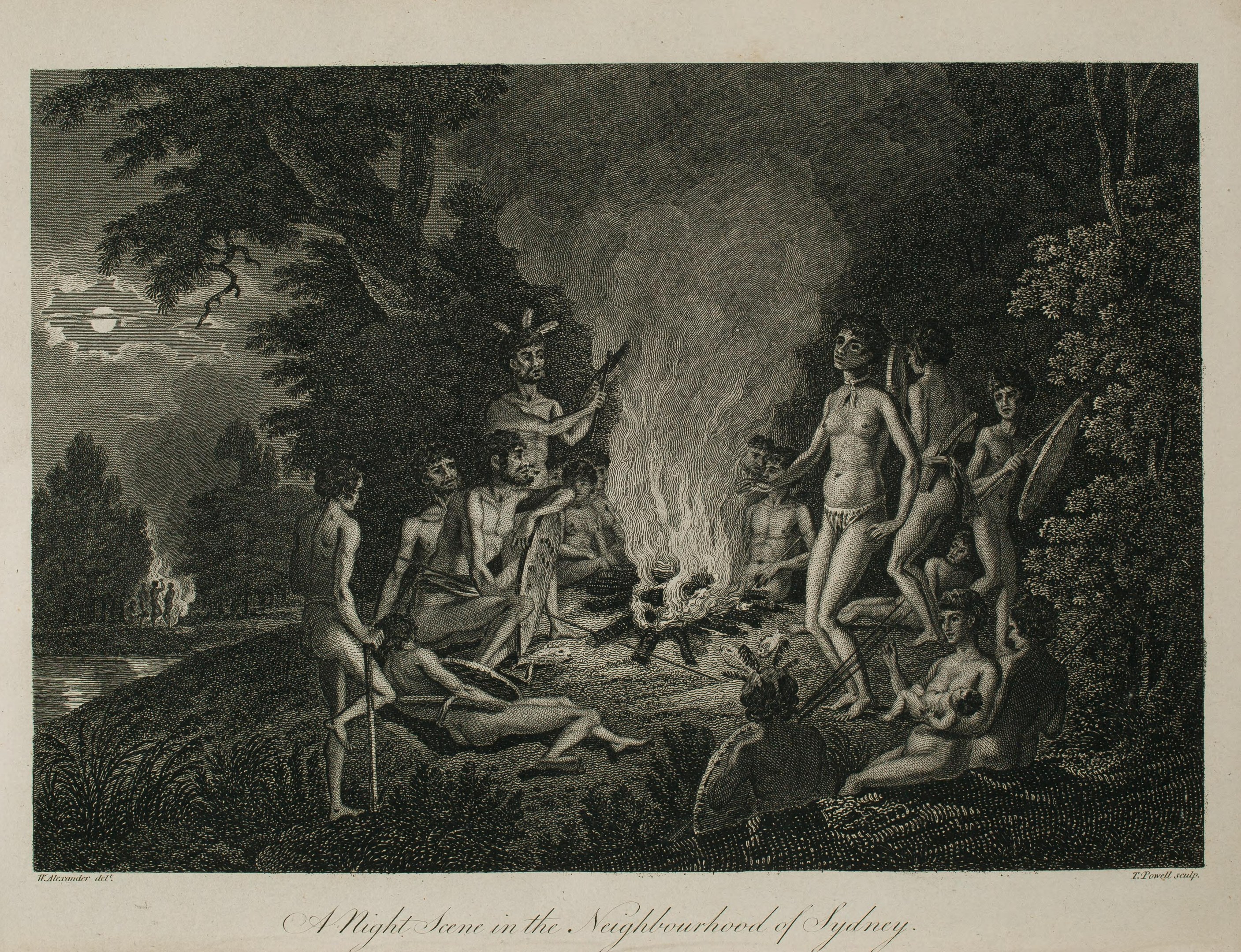 Schwarze und weiße Nachtaufnahme in einem bewaldeten Gebiet in der Nähe von Sydney mit einer Gruppe von Menschen um ein Feuer versammelt, Bäume im Hintergrund und Text unten.