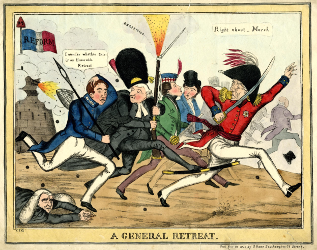 Cartoon-Illustration eines chaotischen Rückzugs mit bewaffneten Figuren, die laufen und unten mit 'Ein Generalerückzug' beschriftet sind.