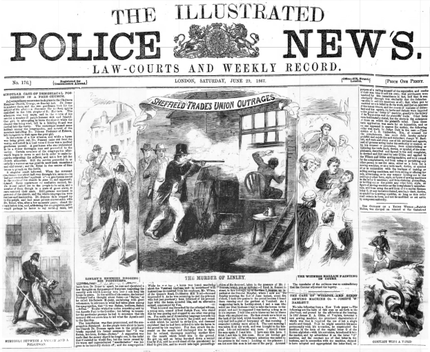 Schwarze und weiße Titelseite der Illustrated Police News von 1867, die eine zentrale Illustration einer Gruppe von Menschen zeigt, mit der Überschrift "Police News" und einem Logo oben.