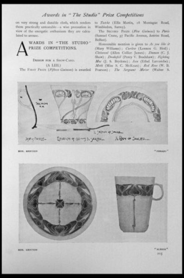 Schwarz-weiß-Zeichnung einer Tasse und eines Untersetzers mit einem Design, umrahmt von einem schwarzen Rand, betitelt mit "Awards in the Studio Prize Competitions".