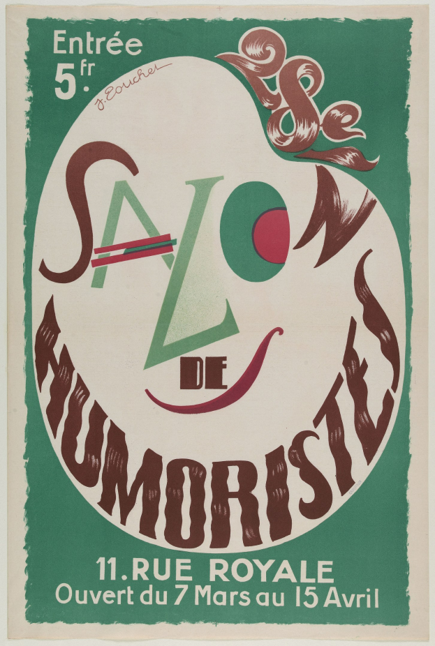 Plakat, das eine Humoristen-Salon-Veranstaltung in Paris, Frankreich, ankündigt, mit Text, der die Angebote beschreibt.