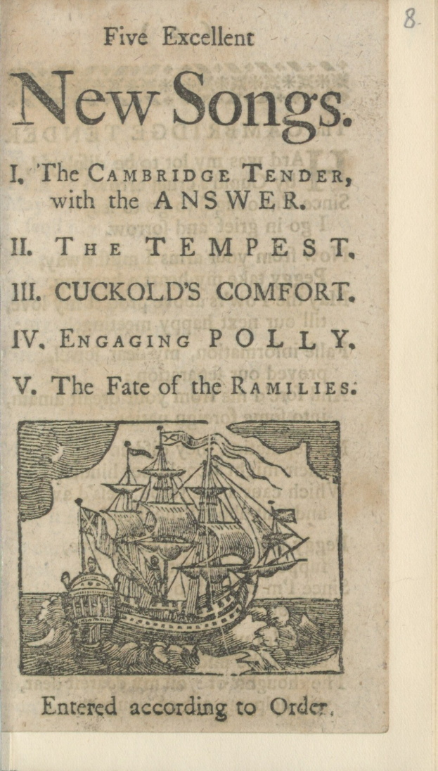 Altes Buchcover mit einem Schiff, das auf Wasser unter einem blauen Himmel segelt, mit der Überschrift "Fünf ausgezeichnete neue Songs" darauf.