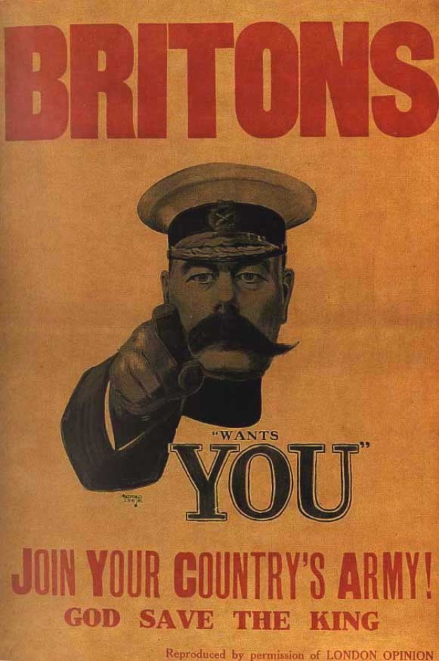 Britisches Militrekrutierungsplakat mit einer Person und dem Text 'Britons Wants You - Join Your Country's Army - God Save the King.'