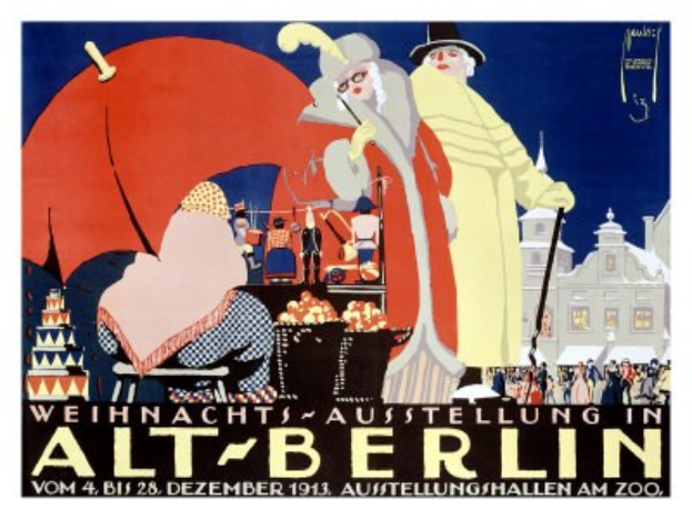 Plakat für eine Weihnachtsausstellung in Alt-Berlin mit leuchtenden Illustrationen von Menschen, Gebäuden und Gegenständen und dem Text 'Weihnachtsausstellung in Alt-Berlin' oben.