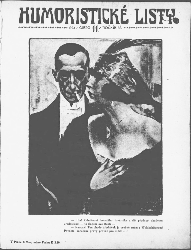 Schwarzer und weißer Magazinumschlag mit der Überschrift "Humoristische Liste", der einen Mann in einem Anzug mit ernster Miene und eine Frau zeigt, die wegschaut und leicht schmunzelt.