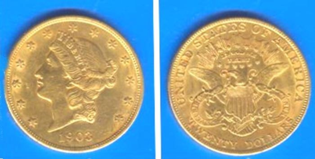 1903er 20-Dollar-Goldmünze 'Liberty Head Double Eagle' mit einer Darstellung von Lady Liberty auf der Vorderseite und einem Adler auf der Rückseite, vor einem blauen Hintergrund.